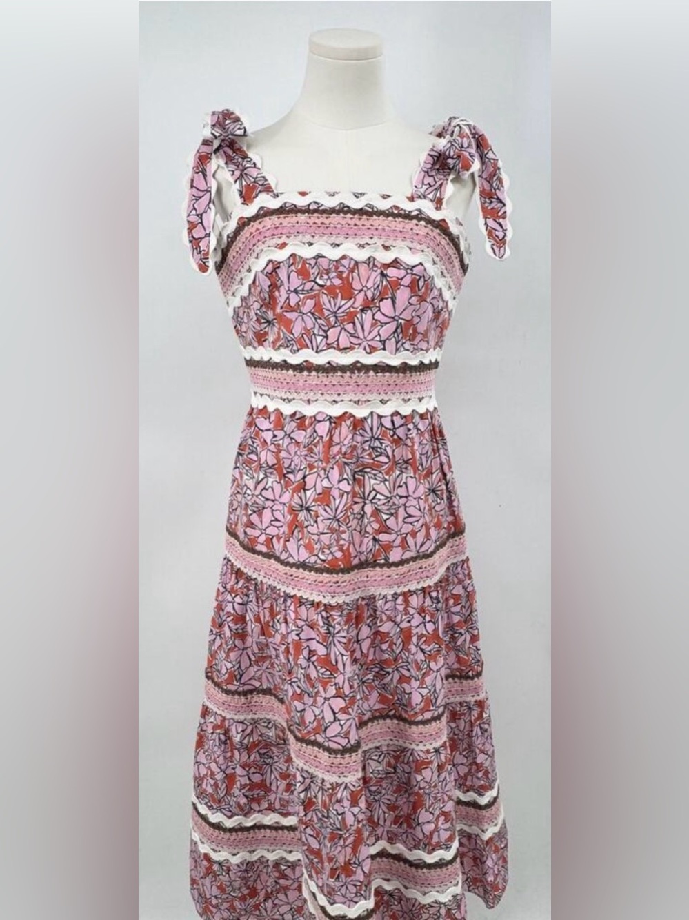 Celia B Floki Dress Pink Floral Tie Shoulder Midi Ric Rac Whimsical Cottage L